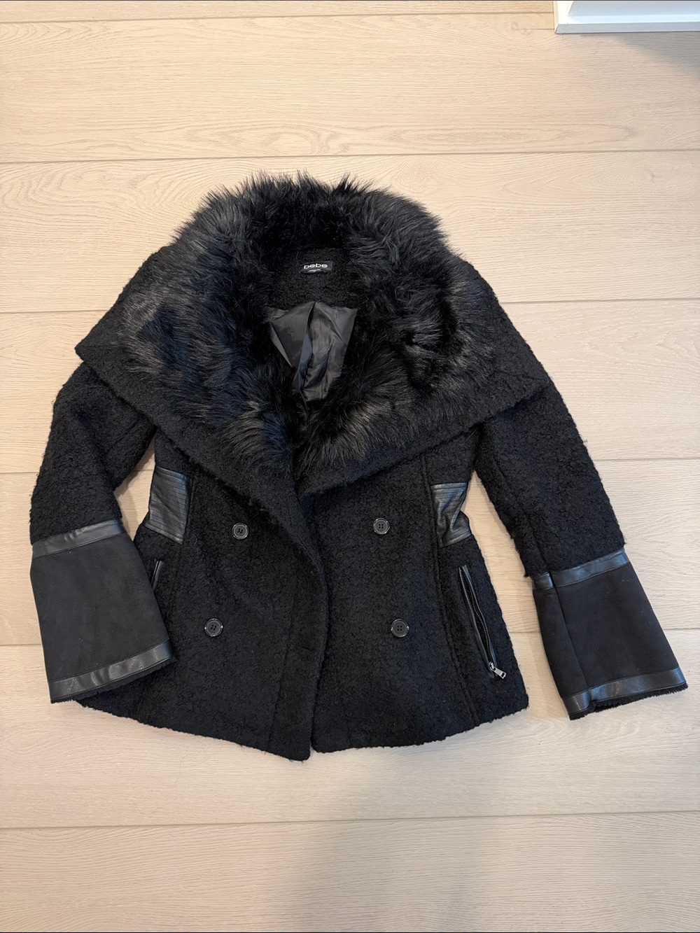 bebe Black Faux Fur-Trim Peacoat with Leather Accents